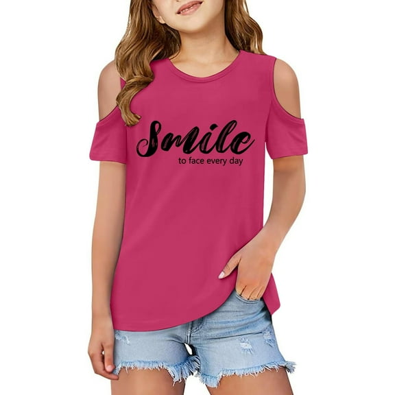 Girls T Shirts Cold Shoulder Letter Print Girls Short Sleeve Tops Casual Summer Shirts for Teens Girls Clothing Size 5-6 Years Girl Fashion