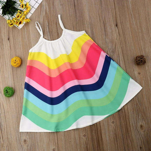 Douhoow Baby Girl Sleeveless Dress Bright Rainbow Stripe Print