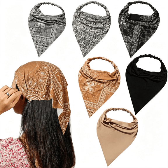 TELOLY Hair Scarf Headband for Women,Boho Bandana Pretied Elastic Kerchief | Stretch Triangle Headwrap with Clips Non Slip Hair Accessories for Skincare Yoga Travel Party Daily Vacation, 6 Pack