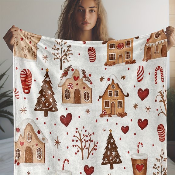 Cozy Flannel Christmas Blanket with Love Heart, Tree & Gingerbread Design - Soft, Warm Throw for Couch, Bed, Car, Office, Camping - Versatile All-Season Gift