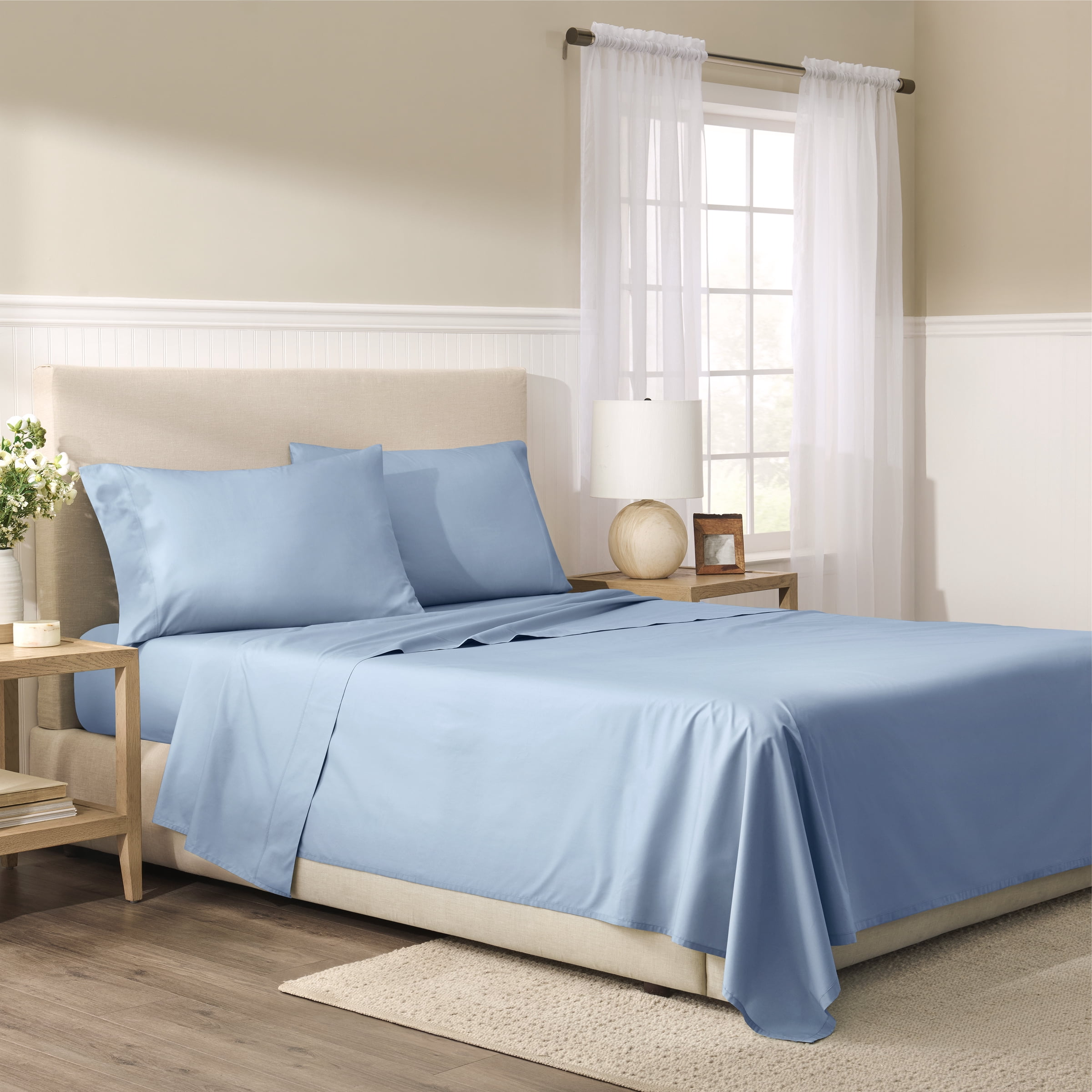 Wamsutta 1846 4-Piece 400 Thread Count Faded Denim Egyptian Giza Cotton Percale Bed Sheets, King-Deep Pocket