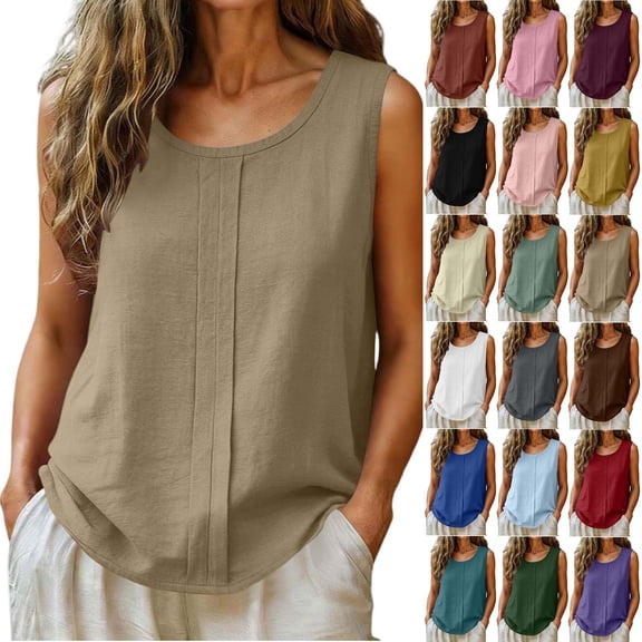 Yertdoel Tank Tops for Women Summer Cotton Linen Solid Color Round Neck Sleeveless Wide Straps Loose Fit Top Daily Stylish Casual Comfy Soft Beach Blouses
