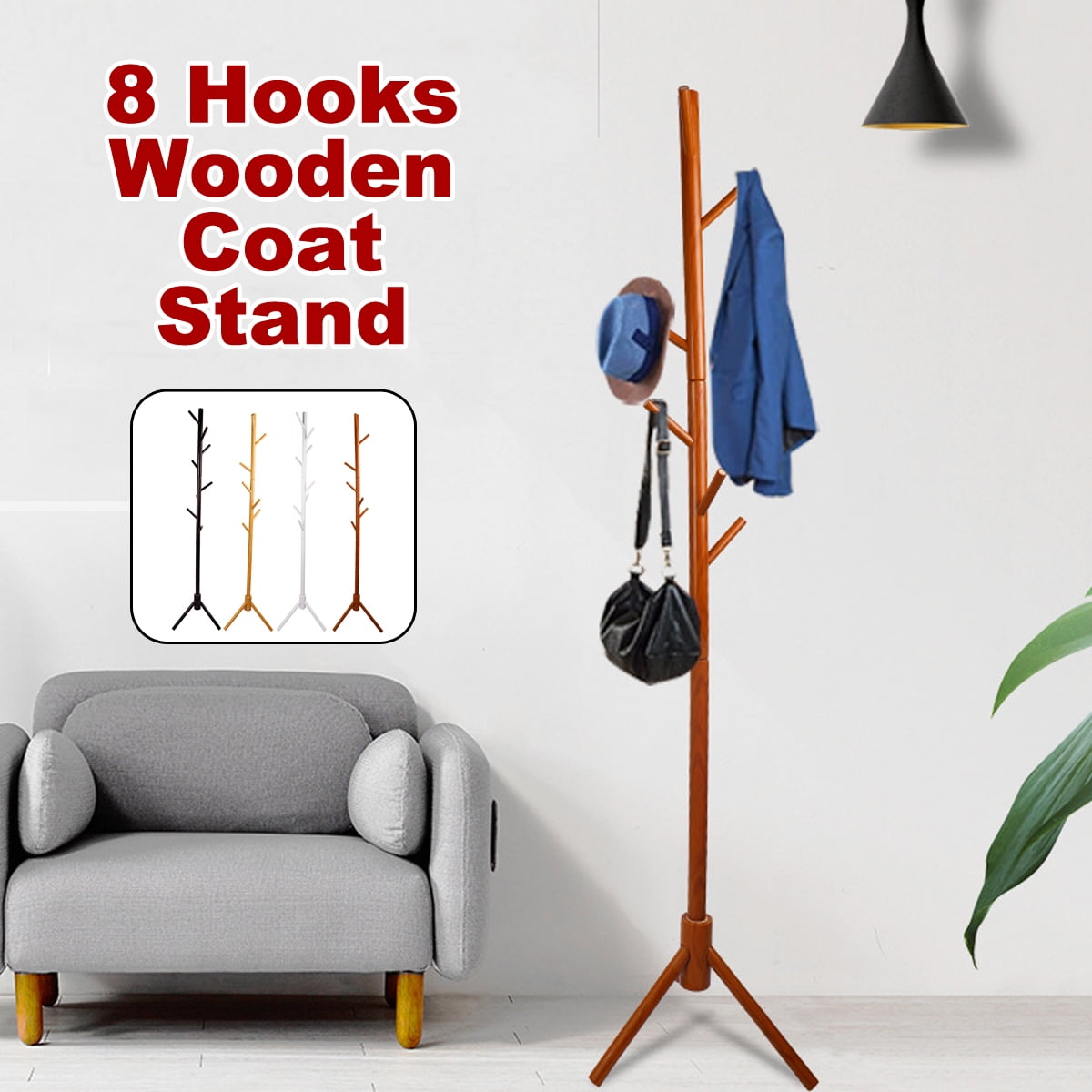 8 Hooks Wooden Coat Rack, Wooden Hat And Coat Stand Entryway Hall