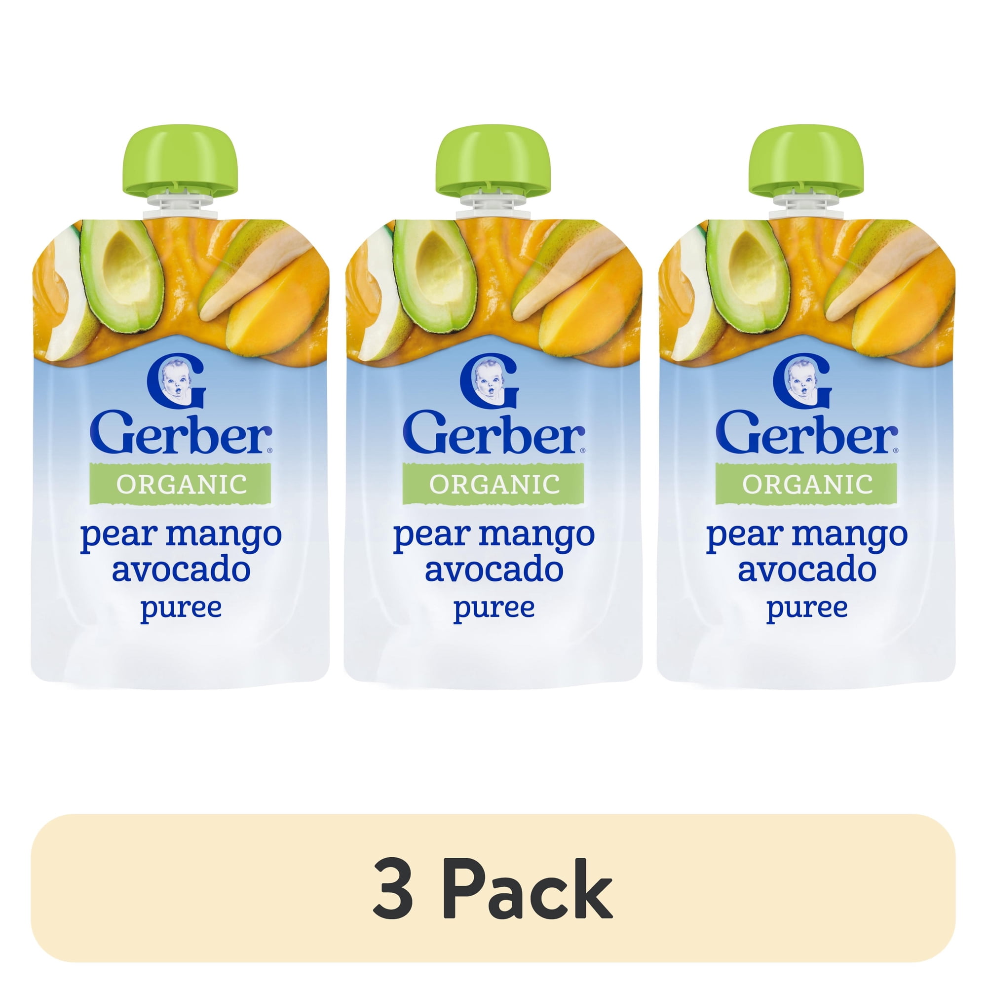 (3 pack) Gerber Organic Stage 2 Baby Food, Pear Mango Avocado Puree, 3.5 oz Pouch