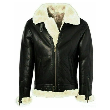 Men's Aviator Pilot Bomber Jacket Winter Warm Fur Shearling Sheepskin Leather Motorcycle Jacket Coat (Best Mens Shearling Coats)