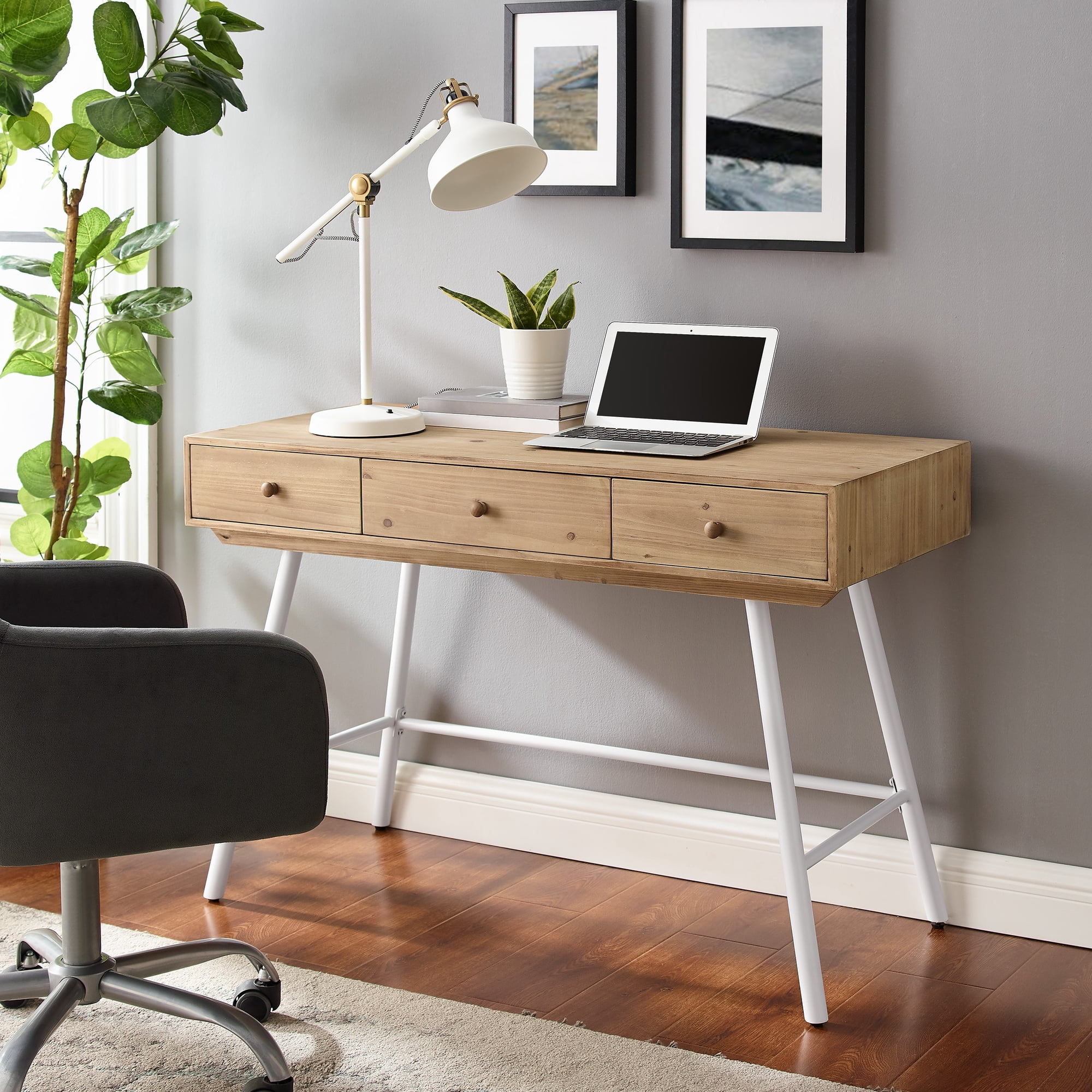 Linon Kessinger 44" Writing Desk with 3 Drawers, Natural and White
