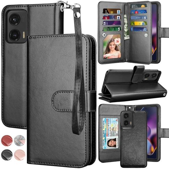 For Moto G Stylus 5G 2024 Case, Motorola Moto G Stylus 5G 2024 Leather Wallet Case with Card Holder and Lanyard for Women Men, eBizWare Magnetic Flip Detachable Phone Cover - Black
