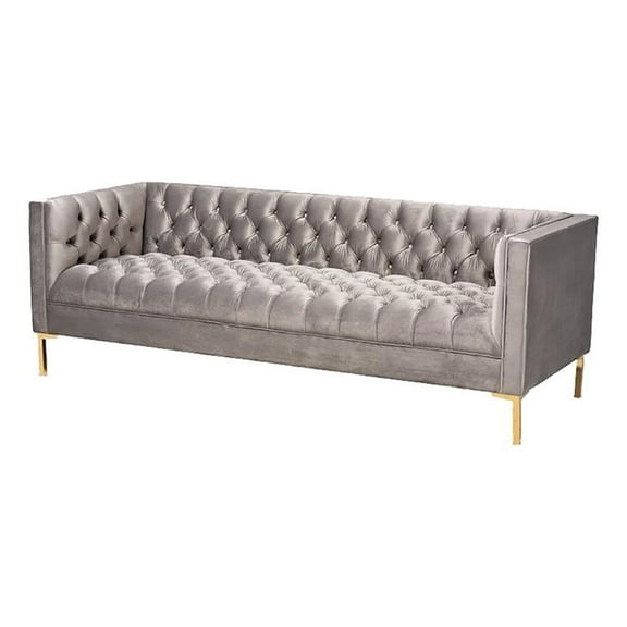Bowery Hill 17.3" Mid-Century Velvet Upholstered Tufted Sofa in Gray/Gold