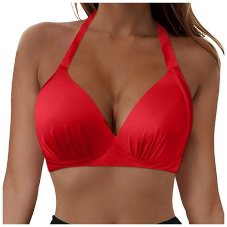 adviicd Women s Vintage Halter Neck Tie Knot Back Soft Molded Padding Bikini Top Swimsuit Bathing Suit Tops Only Red XL