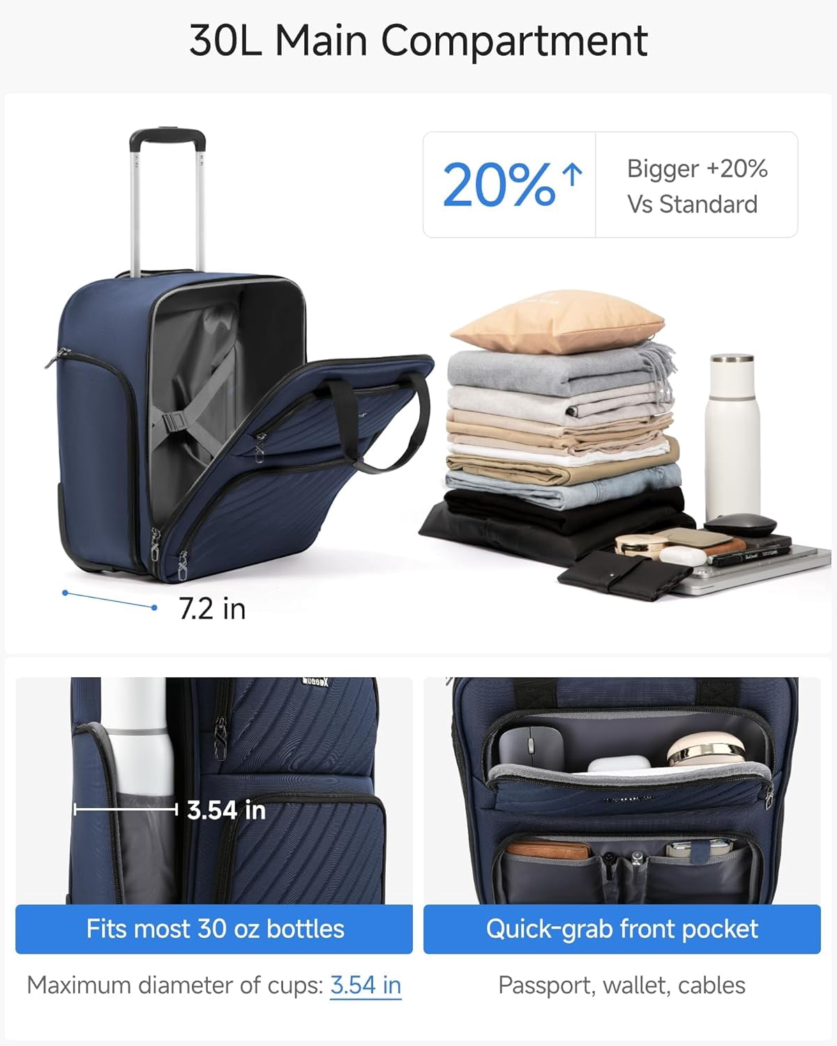 Underseat Carry On Luggage with Wheels, UDK-Plus Large-Capacity Lightweight Soft Sided Personal Item Suitcase for Short Trips (UX-Plus, Blue Black, 16 Inch)
