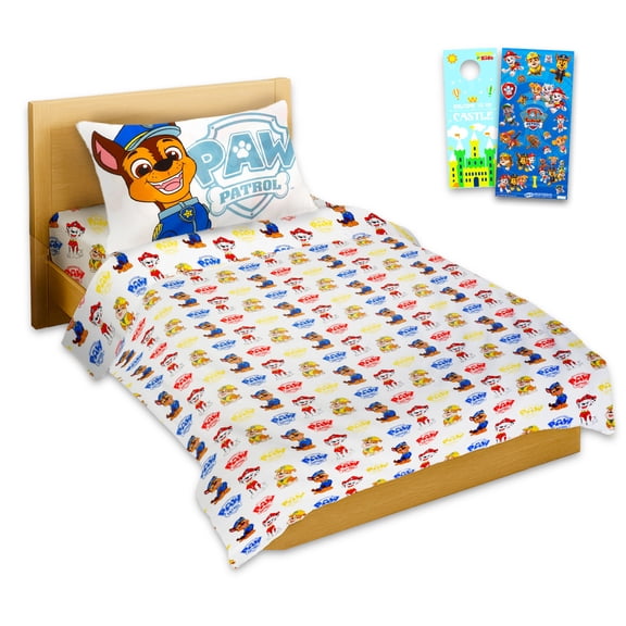 Paw Patrol Sheet Set - Bundle of Bedding Including: Flat Sheet, Fitted Sheet, and Pillowcase for Twin Bed Plus Stickers, More Room Decor for Kids