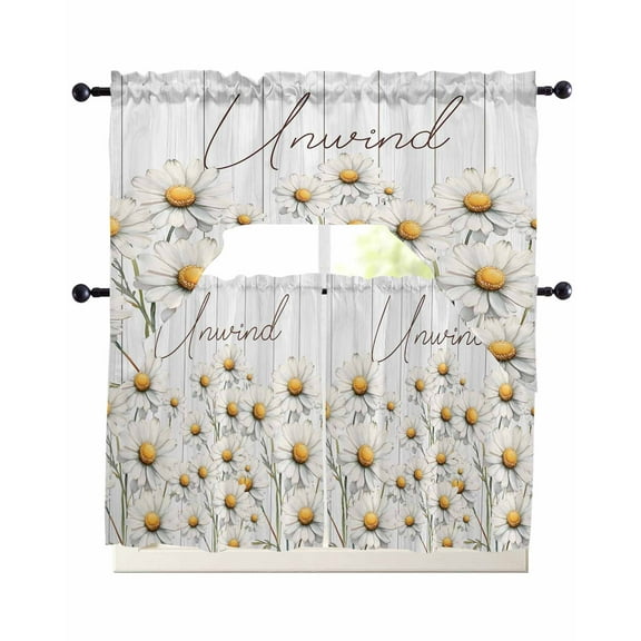 White Spring Floral Kitchen Curtains Sets 36 Inch Length with Valance, Watercolor Daisy Vintage Flower Swag Valances and Tiers Curtain Set Drapes Swag Curtains for Living Room, Bathroom, Bedroom