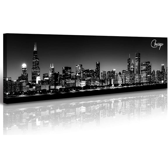 Office Wall Decor Black and White Wall Art Chicago Skyline Pictures for Living Room Modern Large Canvas Print Artwork Stretched and Framed 13.8"X47.3"