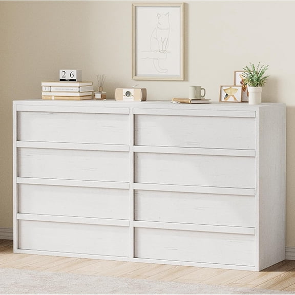 8 Drawer Dresser for Bedroom, 54 in Wide Modern Double Dresser Organizer with Large Storage, Wooden Chest of Drawers for Living Room, Nursery and Hallway - White