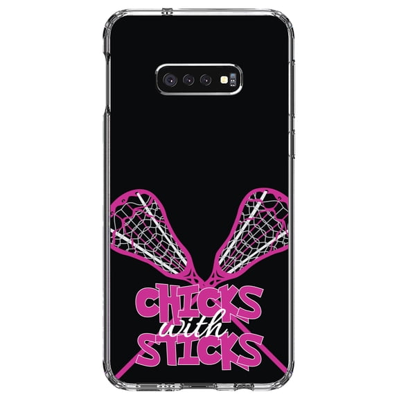 DistinctInk Clear Shockproof Hybrid Case for Samsung Galaxy S10e (5.8" Screen) - TPU Bumper, Acrylic Back, Tempered Glass Screen Protector - Hot Pink Lacrosse - Chicks with Sticks