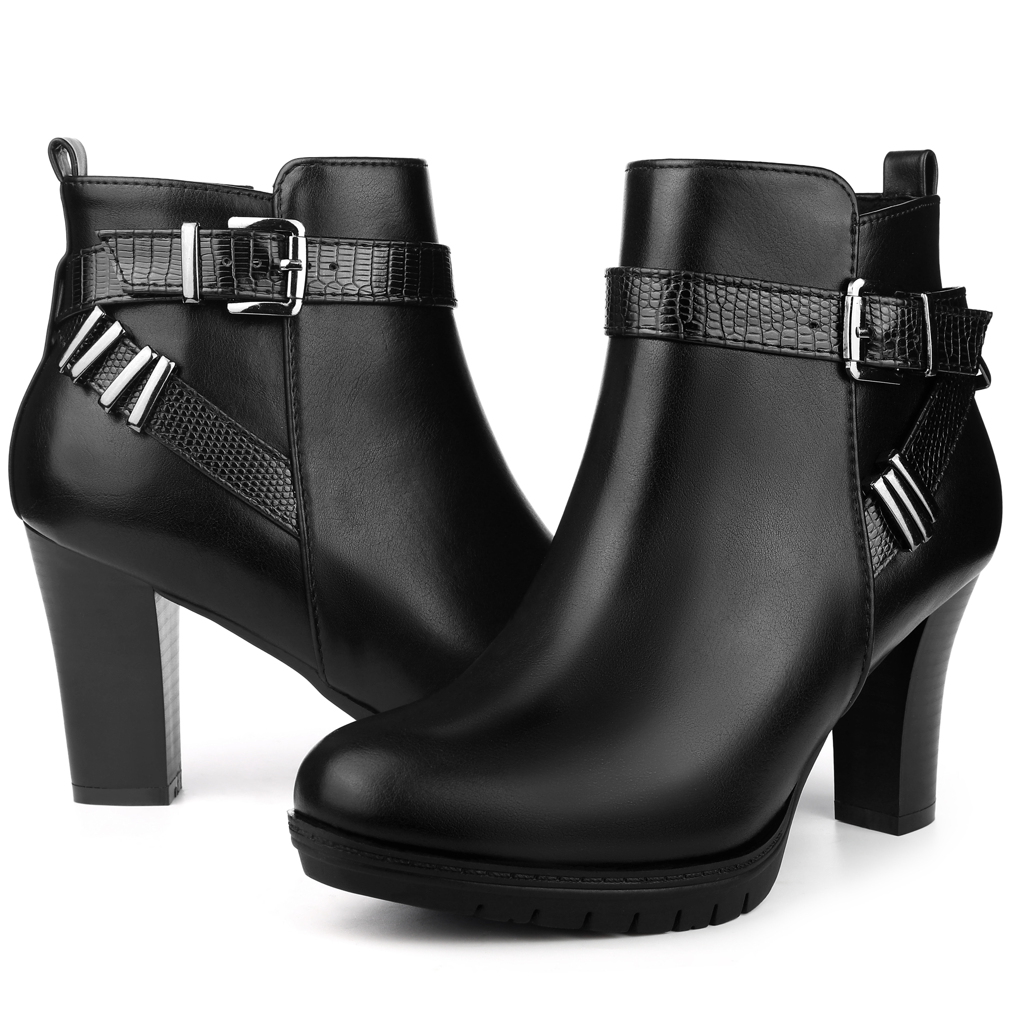 Unique Bargains Platform Block Heel Boots Buckle Ankle Boots for Women Black 9