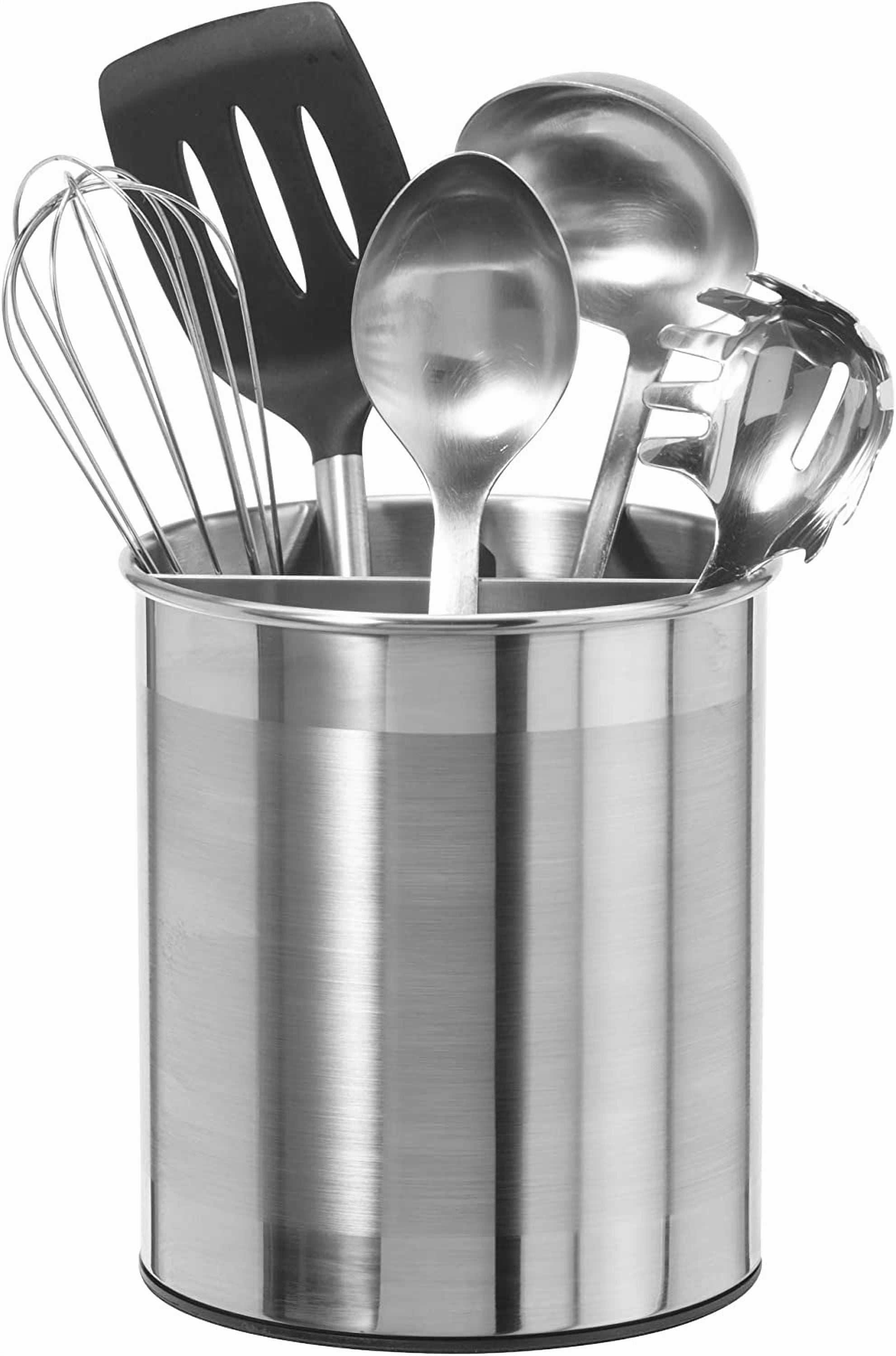 Jumbo Stainless Steel Rotating Utensil Holder with Removable Divider - Stylish kitchen cooking utensil organizer. Height 7.5".