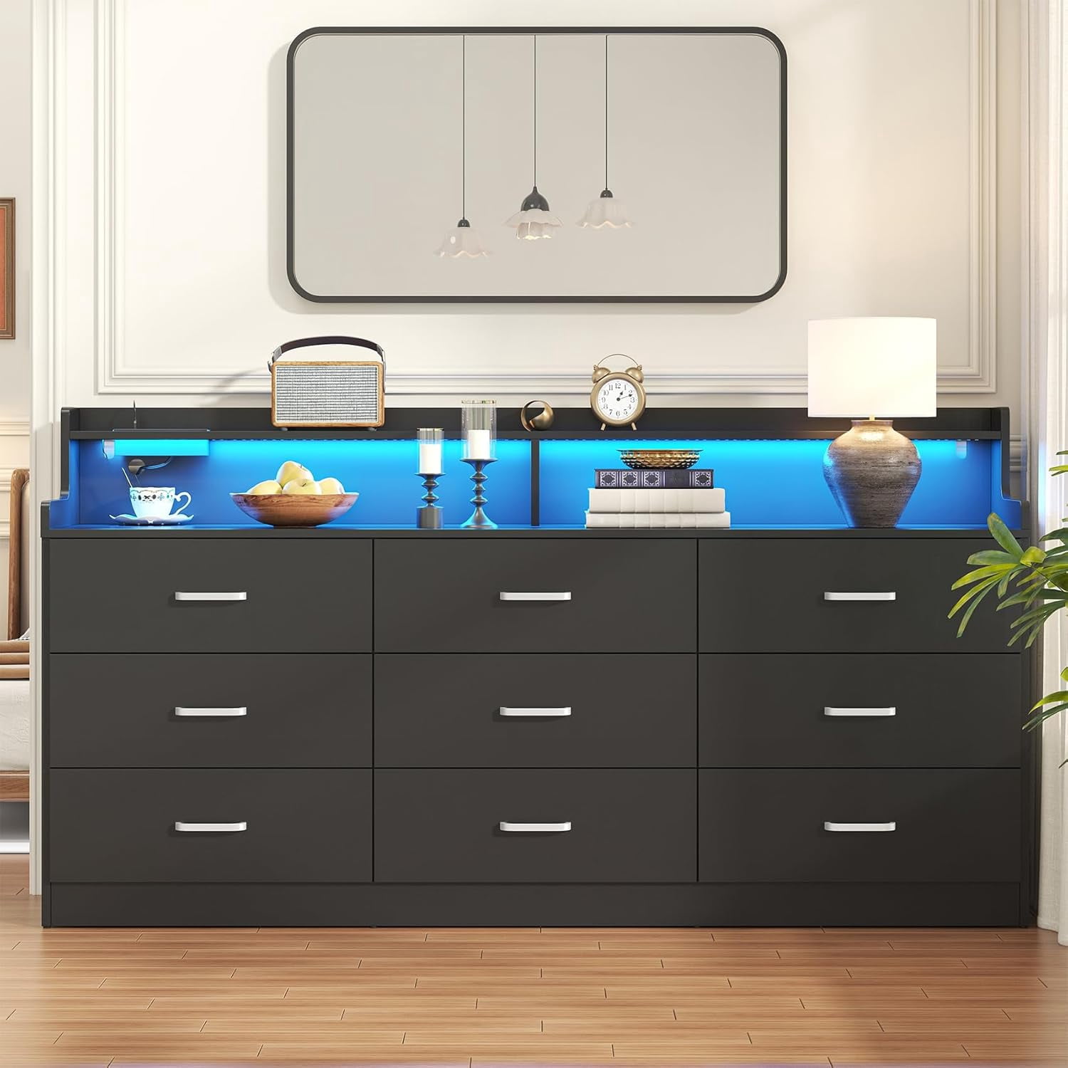 Winkalon 9 Drawer Dresser with LED Light & Charging Station, 63" Long Modern Dresser with 9 Drawers for Bedroom, Wooden Dresser Large Closet of Drawers
