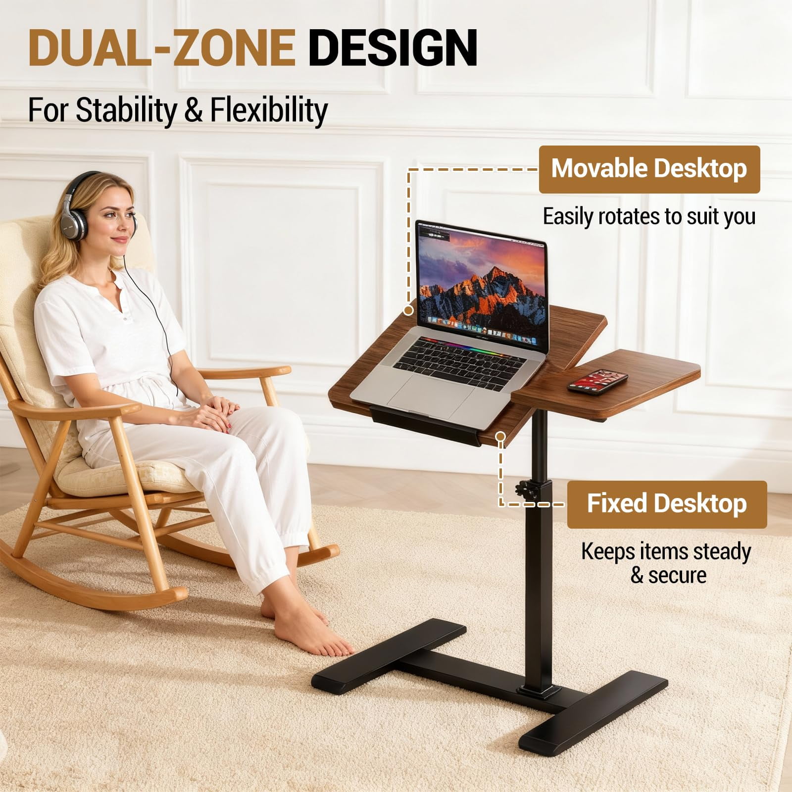 Ataucjin Adjustable Height Rolling Laptop Desk, Mobile Overbed Computer Table with Durable Metal Frame & Tilting Tabletop, Mobile Overbed Workstation for Home, Office, Couch, or Hospital