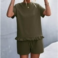 thumbnail image 4 of REORIAFEE Womens Summer Outfits 2023 Workout Sets Women's Spring Summer Round Neck Ruffle Short Sleeve Shorts Casual Suit Army Green L, 4 of 5