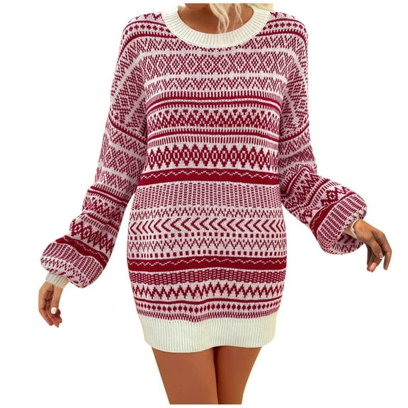 Wang6 Christmas Sweaters for Women Trendy Fall Winter Merry Xmas Tunic Knits Long Sleeve Crew Neck Reindeer Printed Knitted Pullovers Tops Red M