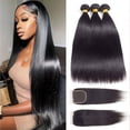thumbnail image 1 of Mechones de pelo liso brasileño con cierre de encaje HD, extensiones de cabello 5x5 4x4 para mujeres, mechones rectos de cabello humano con cierre, 1 of 5