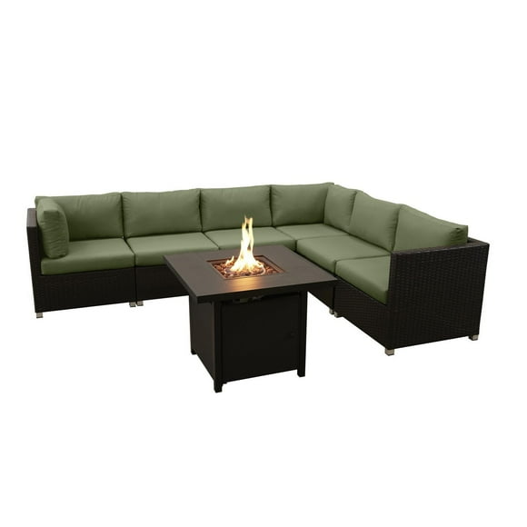 Innesbrook Collection Ensemble de conversation de patio en aluminium 7 pièces avec coussins verts et table à feu carrée