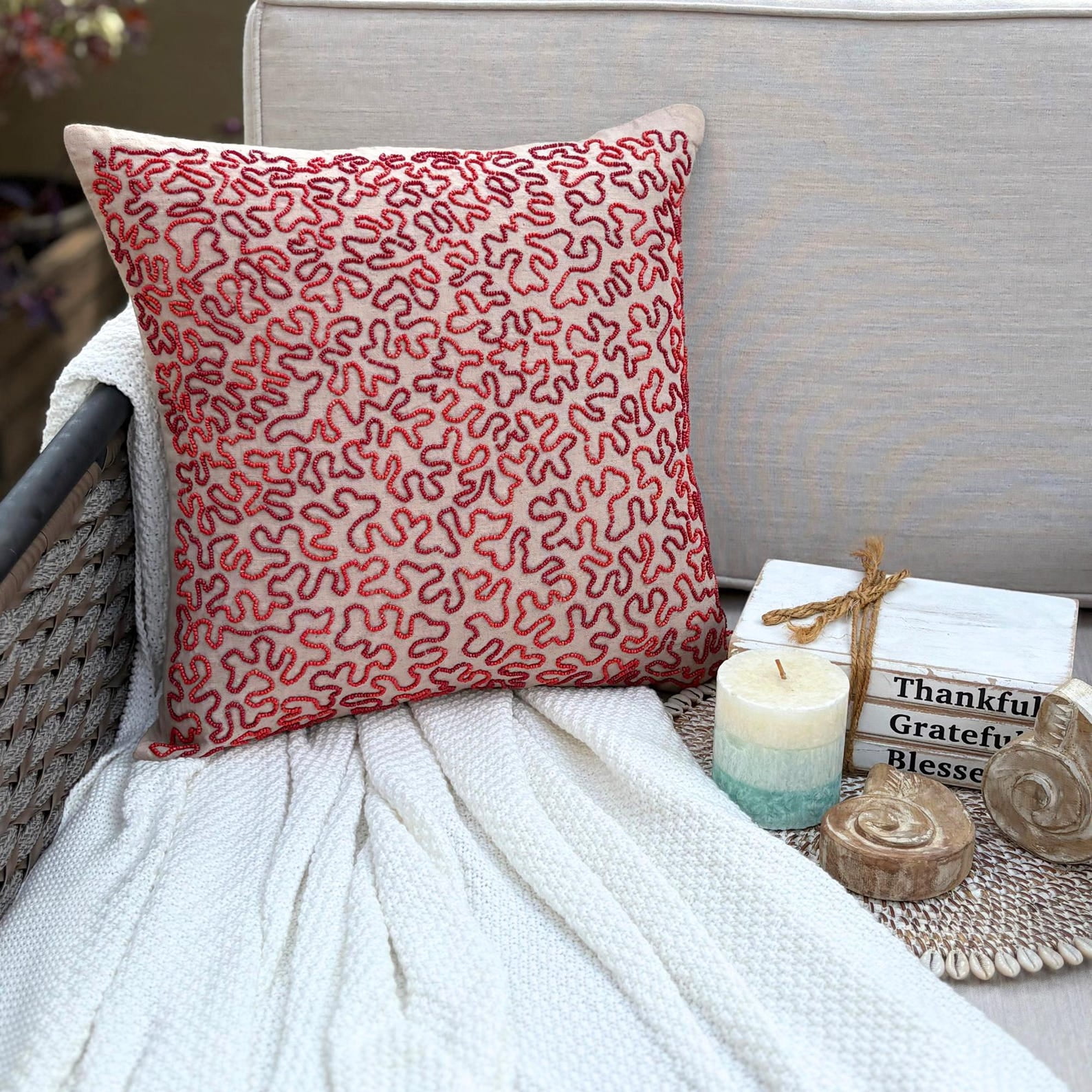The HomeCentric Pillow Cover Mocha Pillow Covers Pack of 2 16x16 inch (40x40 cm) Linen Decorative Pillow Case&nbsp;Cover Sea Creatures Sea Weeds Coral Beaded Beach Style Throw Pillows - Blooming Maze