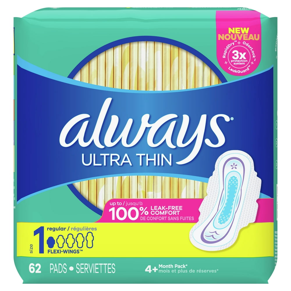 Always Ultra Thin Pads Regular Absorbency with Wings, Unscented, Size 1