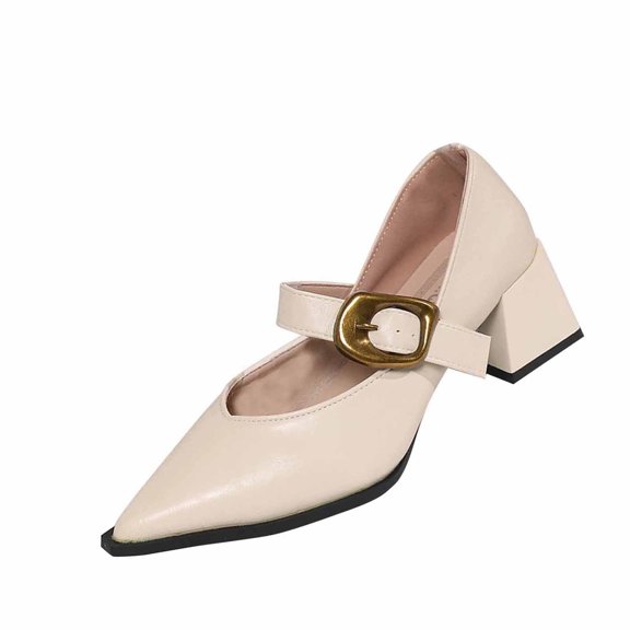 Gpaecead Women Block Heel Mary Jane Shoes Pointed Toe Faux Leather Adjustable Buckle Strap Spring Fall Versatile Casual Shoes, Beige