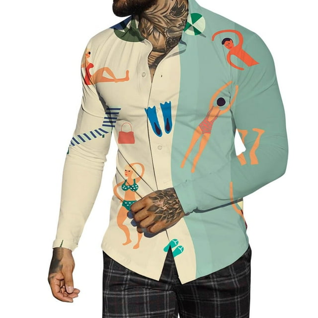 Hommes Automne Hiver Revers à Poitrine Pleine Impression Plage Chemise à Manches Longues