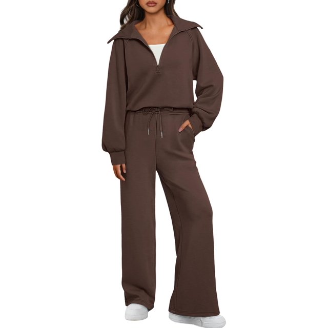Womens 2 Piece Sweatsuits Loungewear Sets Quarter Zip Pullover Sweatshirts with Wide Leg Sweatpants