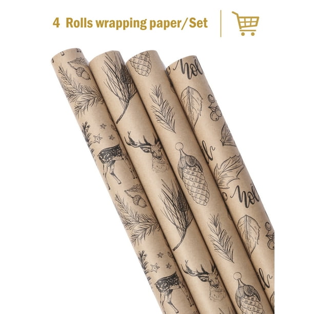 LaRibbons Christmas Gift Wrapping Paper - Brown Kraft Paper with 3D