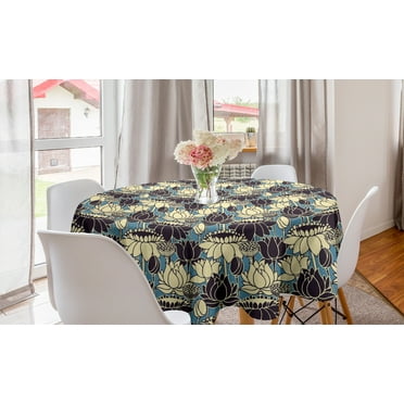 Vintage Round Tablecloth, Rhythmic Nostalgic Flowers Blossom with Pointy Petals Illustration Print, Circle Table Cloth Cover for Dining Room Kitchen Decor, 60", Sea Blue Pale Yellow, by Ambesonne