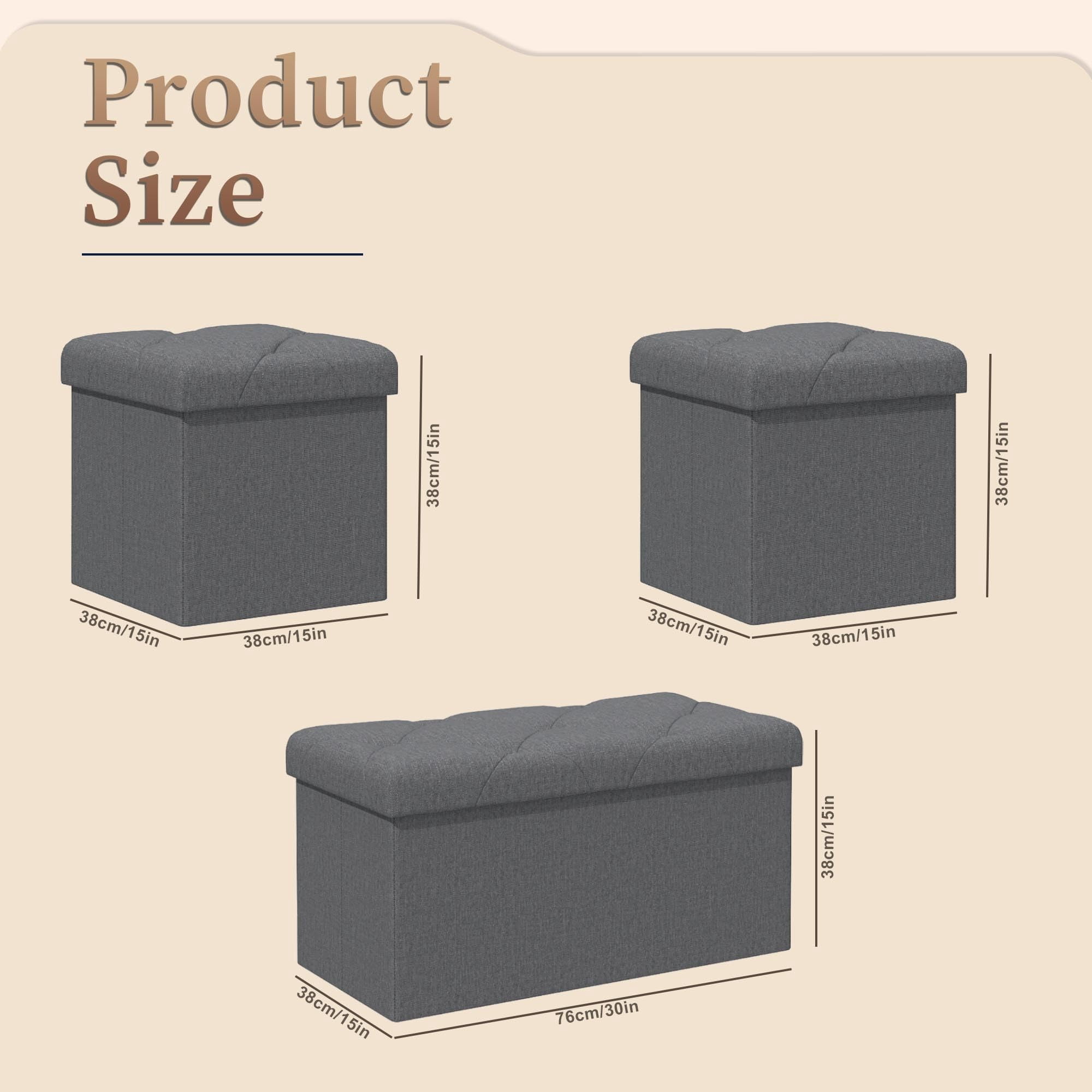30" 3 PCS Storage Ottoman Bench, Folding Square Storage Ottoman with Lid, Fabric Cube Seat Footrest for Bedroom Living Room Entryway, Grey