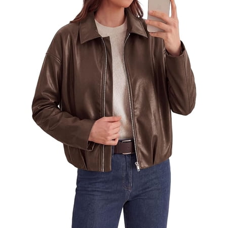 PRETTYGARDEN Faux Leather Motorcycle Jackets Womens Coat Cropped, Zip Up Collared, Trendy Fall Outerwear, Gathered Hem, Winter Layering Clothes, Casual Going Out Date Night Outfit