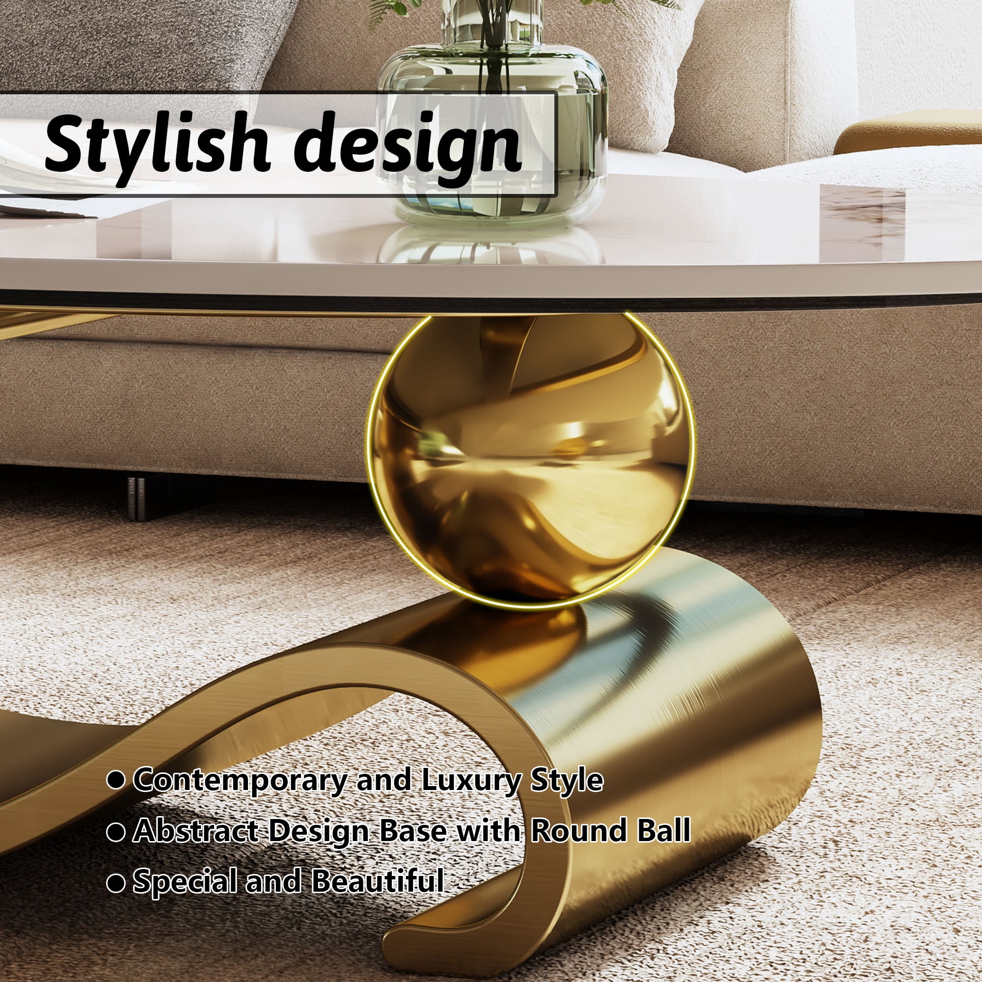 HIUU White Marble Coffee Table for Living Room,Oval Coffee Table with Gold Stainless Steel Base for Living Room
