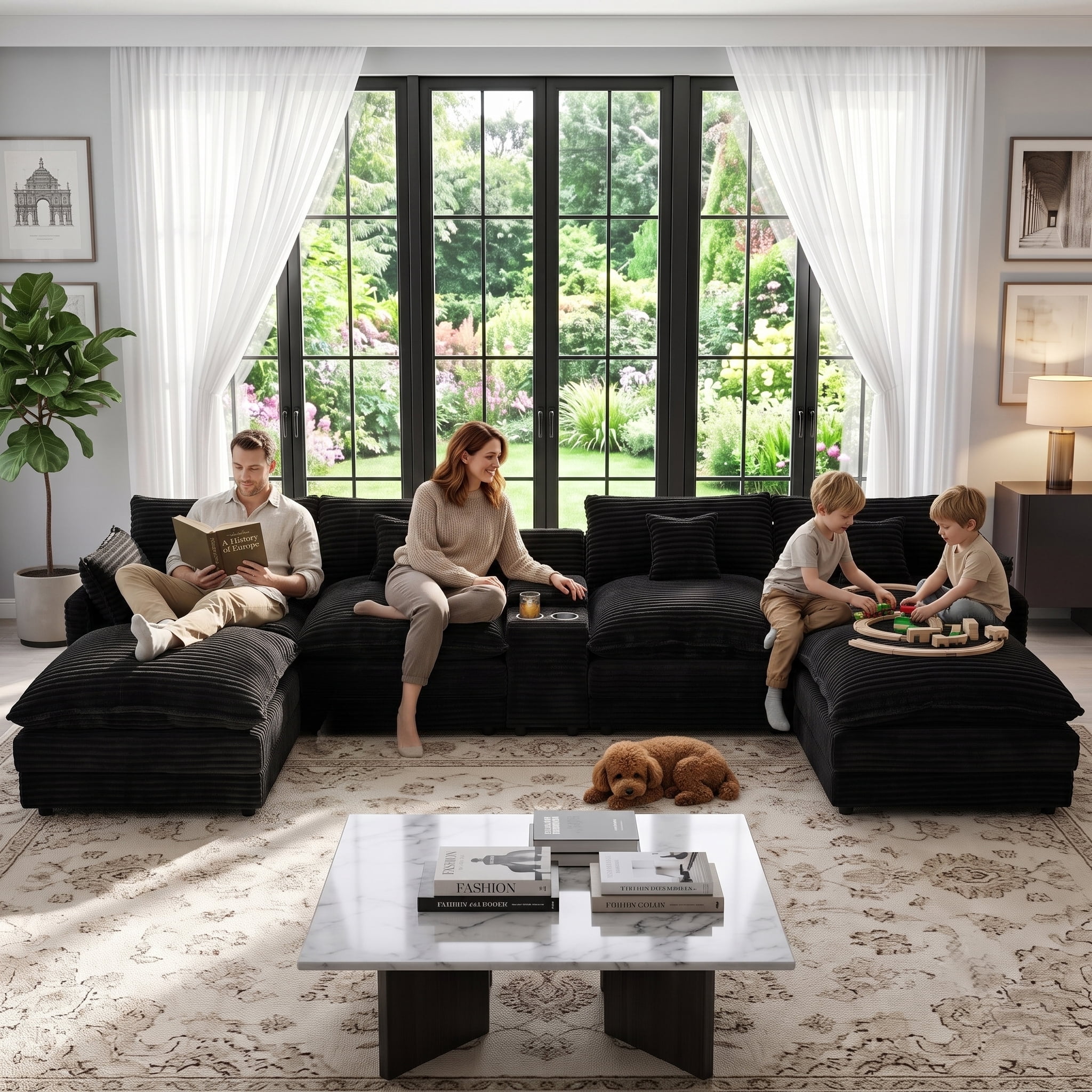 Wakefit 145" U Shaped Sectional Couch, Oversized Modular Sectional Sofa, 5 Seater Corduroy Cloud Couch with Hidden Storage, USB Ports & Cup Holders for Living Room, Black
