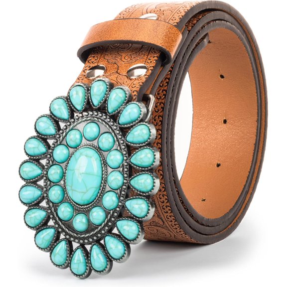 Women Men Country Western Turquoise Belts, Embossed PU Leather Retro Cowgirl Belts for Jeans Dresses Pants