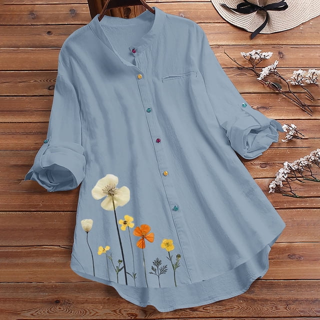 Polos pour Femmes Chemise à Col à Revers Colorée à Boutons Imprimée Haut à Manches Longues