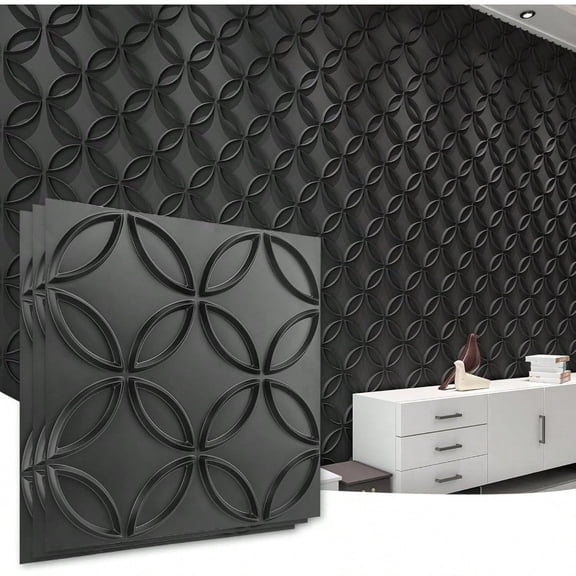 Art3d PVC 3D Wall Panel Interlocked Circles in Matt Black Cover 32 Sq.ft for Interior Ceiling and Wall Decor for Residential or Commerical 19.7''×19.7'' A10048BK
