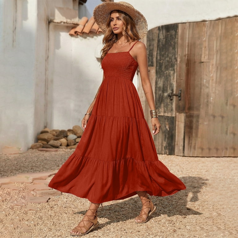 casual long chiffon dress Summer Dresses For Women - Chiffon Smocked Tiered Maxi Sundress, Spaghetti  Strap Square Neck Flowy Casual Long Dress For Beach Vacation Coffee S