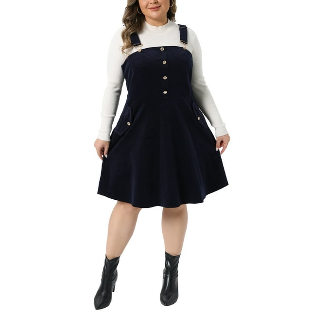 Vestido corto de tirantes de pana para mujer de tallas grandes Agnes Orinda con bolsillo 4X azul oscuro