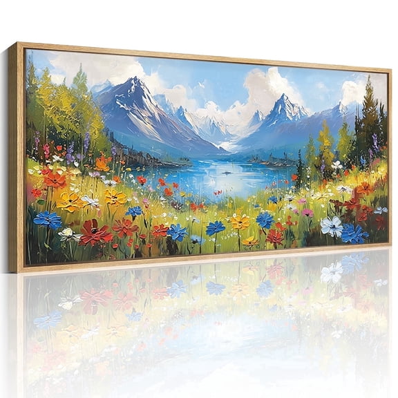TOARTi Spring Snow Mountain Framed Canvas Wall Art Colorful Floral with Abstract Nature Landscape Painting Scenery Decor for Living Room Bedroom Office 20x40 Inch