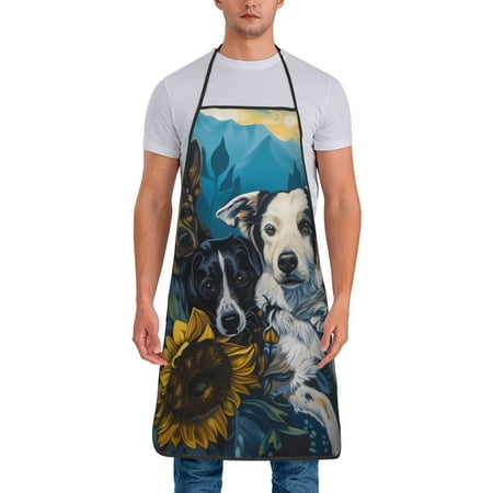 

Uemuo Sunset Sunflower Dog Printed Bib Apron Adjustable Water and Oil Resistant Cooking Kitchen Chef Apron for Women Men