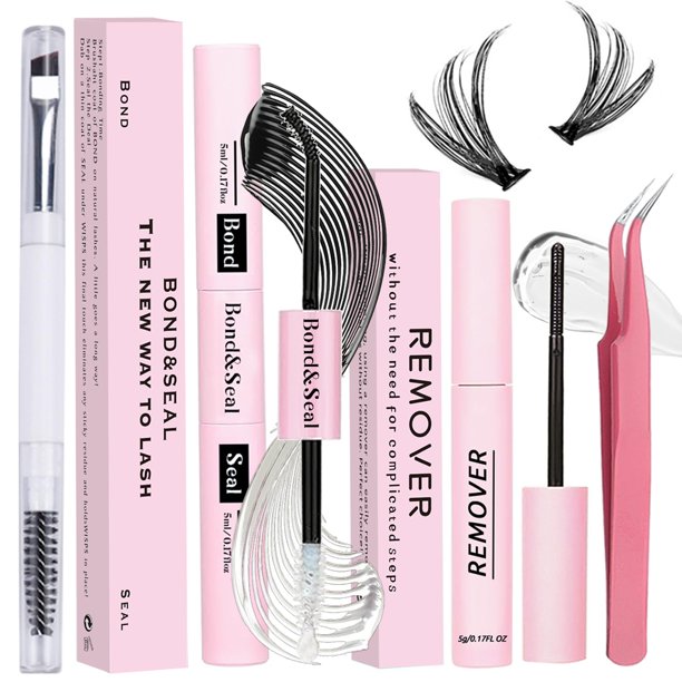 Kit de unión y sellado de pestañas, 4 piezas de extensión de pestañas DIY con pegamento impermeable para pestañas, 72 horas de sujeción y sellado, removedor de pestañas, pinzas, cepillo de pestañas po