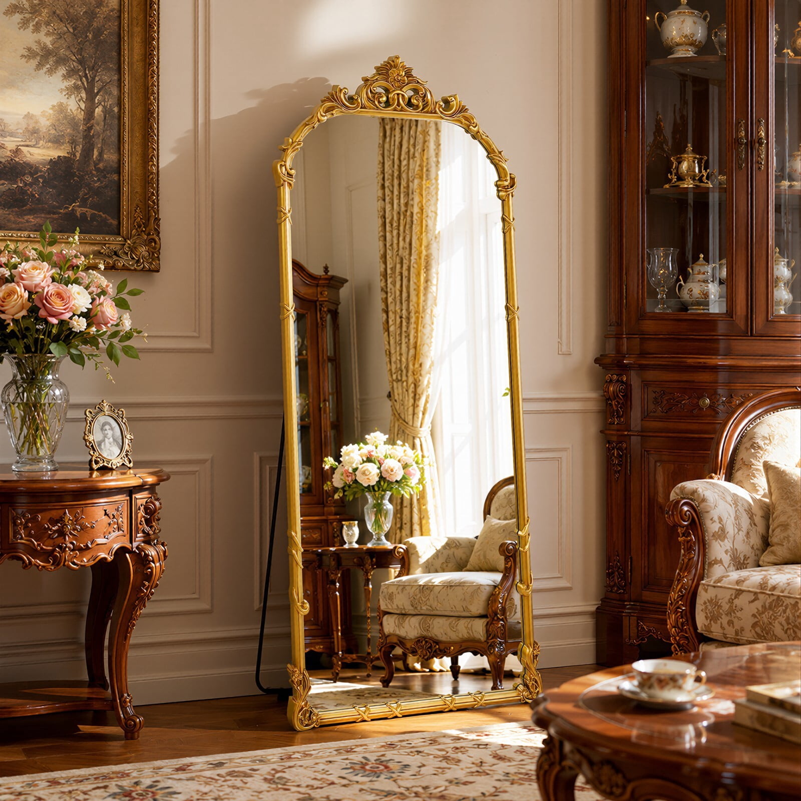 Easy4Home 69"x28" Arched Full-Length Floor Mirror Baroque Scroll Carved Standing Mirror, Bright Gold