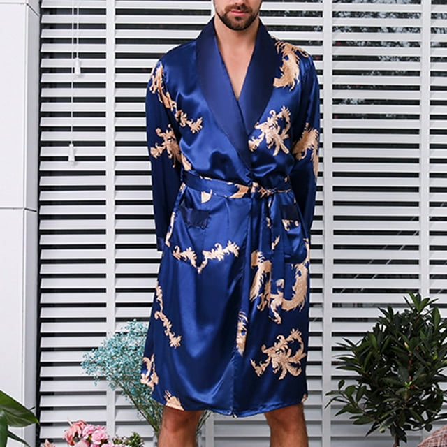 LSLJS Men Casual Long Sleeves Lace-up Print Home Pocket Long Pajama Robe, Robes Gifts for Men