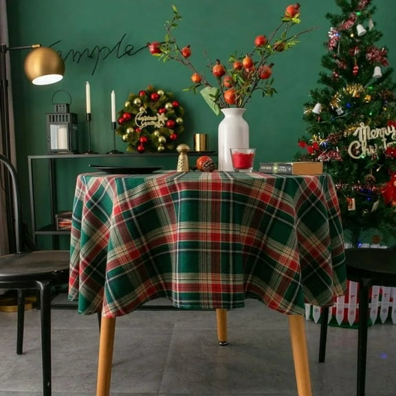 Christmas Decoration Round Tablecloth Plaid Table Cover for New Year Family Gathering Restaurant Party Dinner Home Decoration