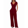thumbnail image 2 of Womens V Neck Short Sleeve Top Wide Leg Pants Casual Comfortable Outfit Set Two Piece Wine Red [Short Sleeve] XS, 2 of 5